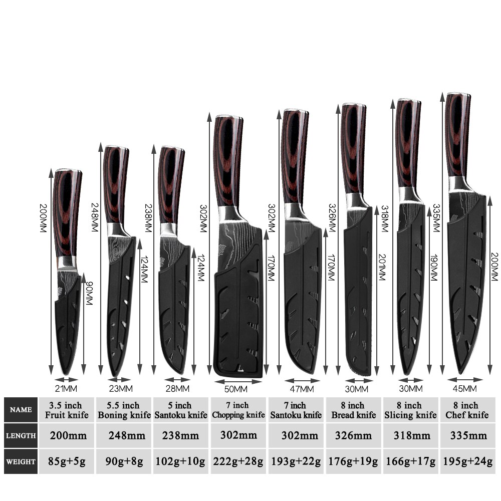Damask Kitchen Chef Knives Set 7CR17 High Carbon Stainless Steel Sharp Utility Santoku Boning Damascus Pattern Cooking Tools