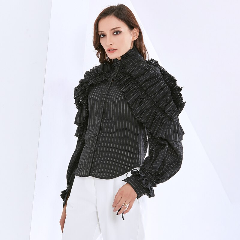 TWOTWINSTYLE-Blusa de manga larga con volantes para mujer, camisa con cuello levantado, estilo de ropa a la ,
