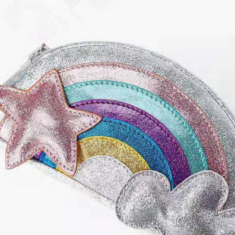 Fel glanzende regenboogkleurige leren crossbodytas in de kleur nebula zilver, kleine schoudertas, mini-kindertas