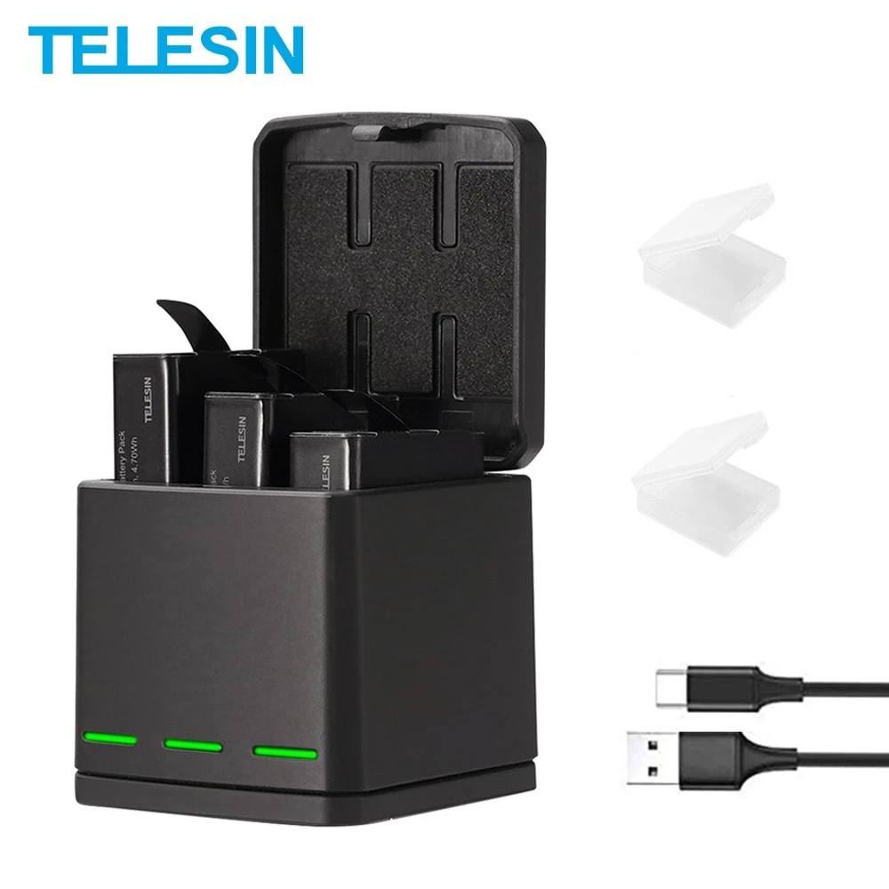 Telesin 3 Slots Led Batterij Oplader Opbergdoos + Batterij + Type C Kabel Voor Gopro Hero 5 6 7 8 Camera Accessoires