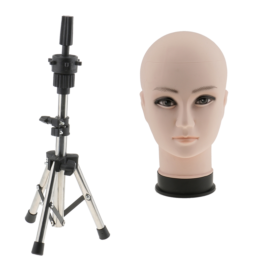 Plastic Bald Male Make up Manikin Head Cosmetology Mannequin Manikin Doll for Wig Making and Display with a Tripod Holder