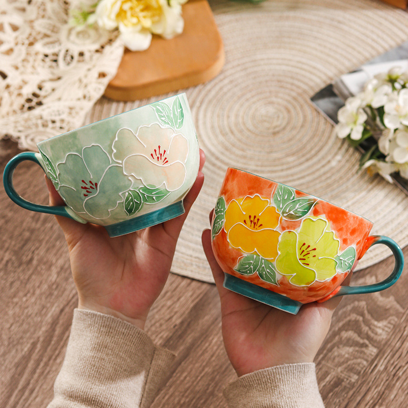 Tasse en céramique de 500ml, bol de petit déjeuner glyptique fait à la main, tasse d'eau de grande capacité pour le bureau, tasse à café en porcelaine pour le thé de l'après-midi