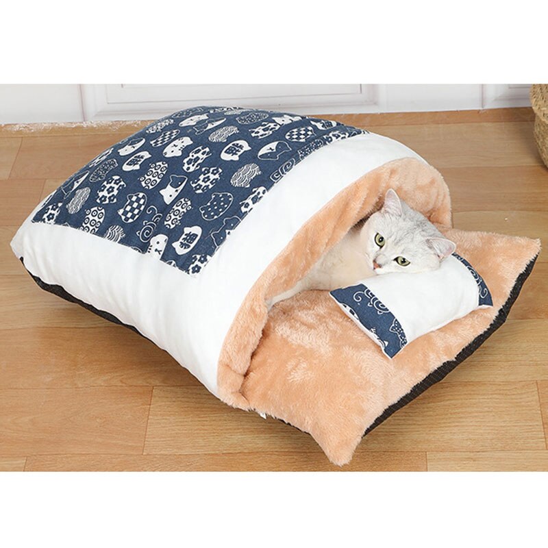Sac de couchage amovible pour chat, lit d'hiver pour animal de compagnie, en velours, FOU99