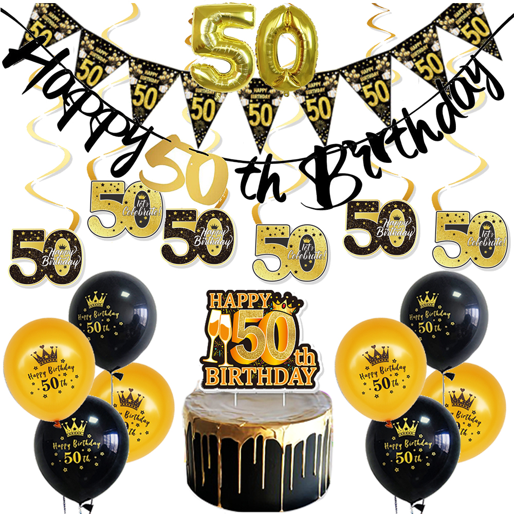 50. Geburtstagsdekoration für Männer und Frauen, Schwarzgold, alles Gute zum 50. Geburtstag, Banner, Ballon, zum Aufhängen, Wirbel-Kuchenaufsatz, 50. Geburtstagsdekoration