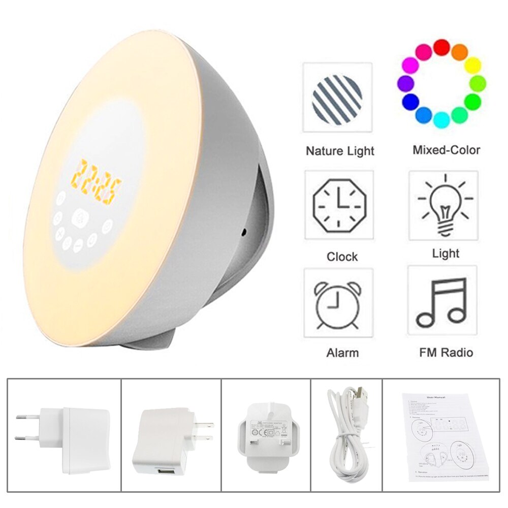 Gosear wake-up luz do nascer do sol simulação despertador sensor de toque em mudança de cor rgb lâmpada led com rádio fm