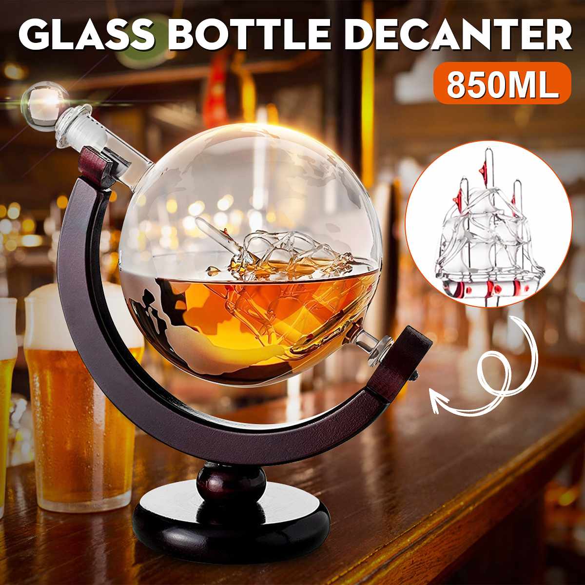 850Ml Globe Glas Whiskey Beluchter Wijn Decanter Separator Fles + Hout Houder Rack Alcohol Vodka Liquor Pourer Bar Decanter