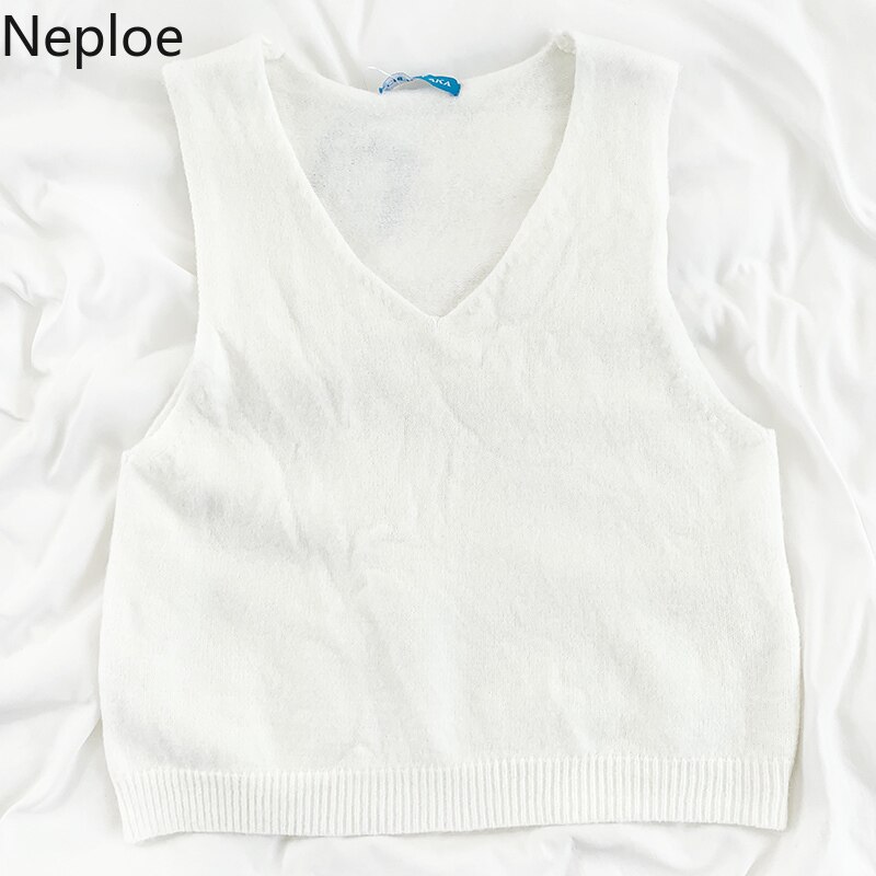 Neploe Preppy Stijl Vest Vrouwen V-hals Slim Fit Cropped Trui Mouwloze Gebreide Weater Tank Jas Solid Jas 4e390: white