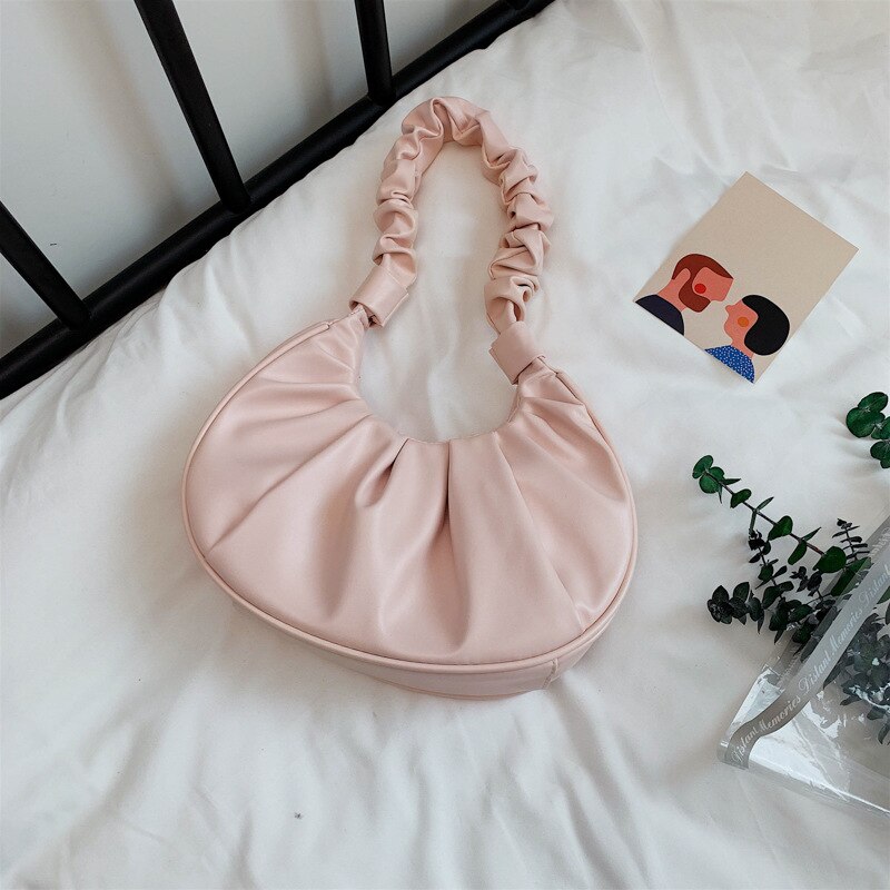 Pleated Cloud Bag Women PU Leather Shoulder Bag Brand Armpit Bag Small Lady Handbag Girls Dumpling Bags boslo: pink