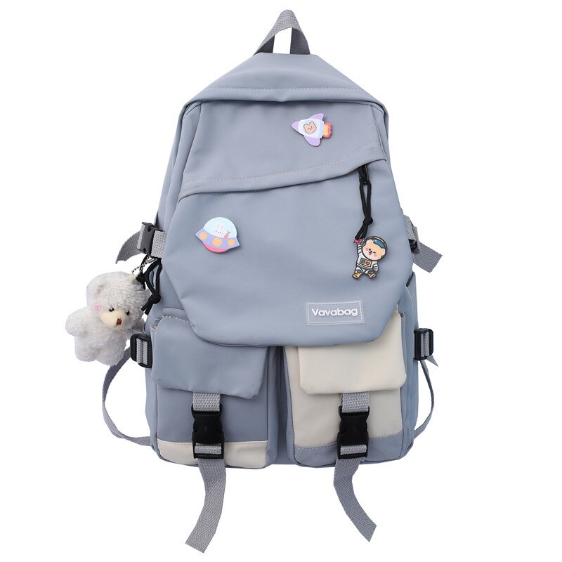 Schoolbag Female High School Students Cute Large-capacity Girl Vintage Backpack With Pendant: Blue