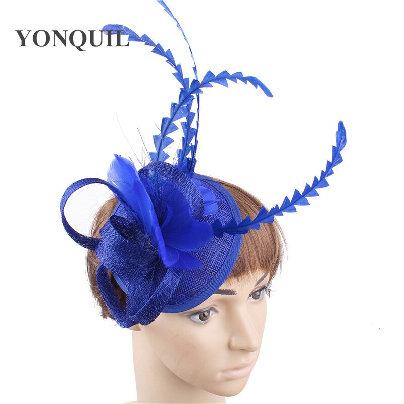 Grønn fast sinamay festfascinator lue sposa kirkehatter bryllup hårtilbehør fjærdekor hodeplagg på hårspenner syf 130: Blå