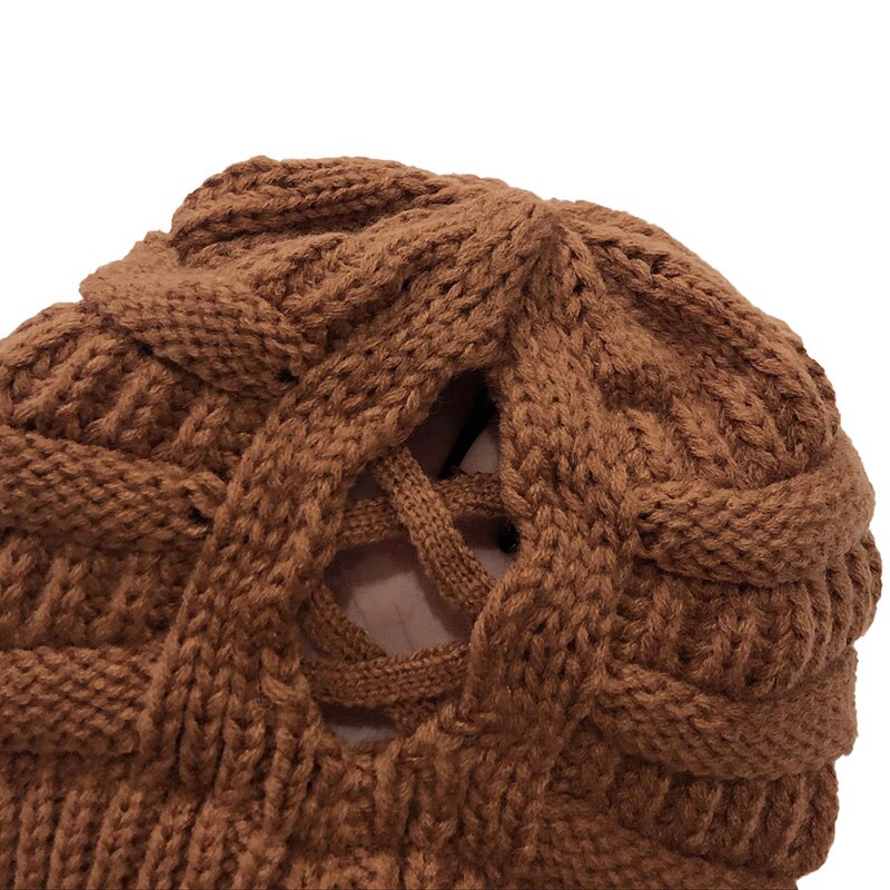 Volwassen Vrouwen Hoeden Wollen Gebreide Muts Herfst Winter Warm Skullcap Vrouwelijke Cross Paardenstaart Cap Skullies Mutsen