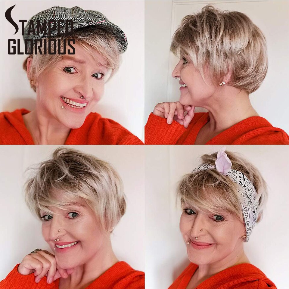 Stamped Glorious Korte Ombre Blonde Pruik Met Pony Lichtbruin Bob Pruik Natuurlijke Haar Synthetische Pruiken Voor Vrouwen Side Deel