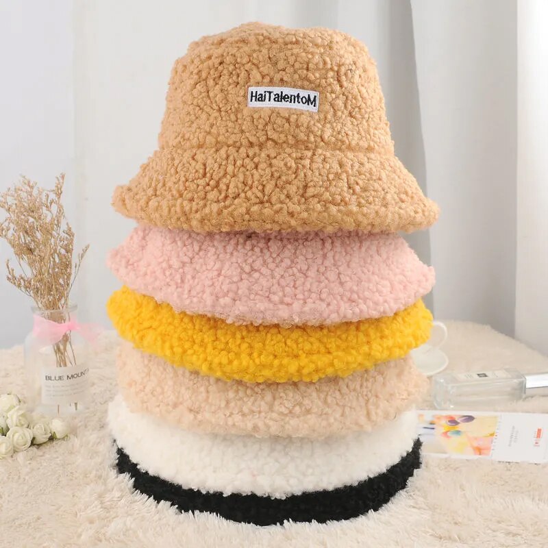 Lamb Wool Faux Female Hat Fur Warm Female Hat Faux Fur Winter Women&#39;s Bucket Hat Fisherman Outdoor Sun Hat Panama Lady Hat Cap