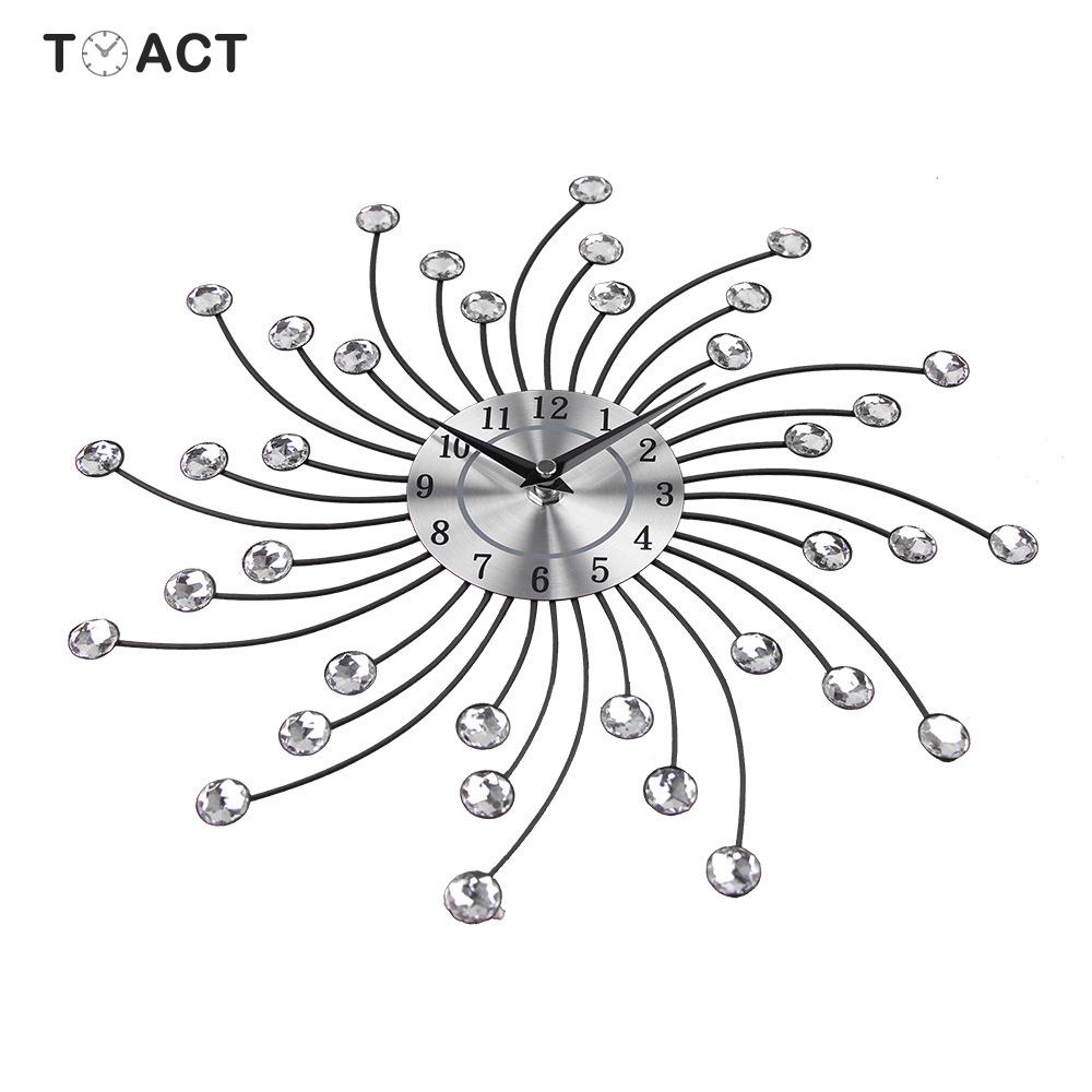 33cm Vintage Metal Crystal Sunburst Wall Clock Luxury Diamond Large Wall Clock Morden Silent Clocks for Home Decor