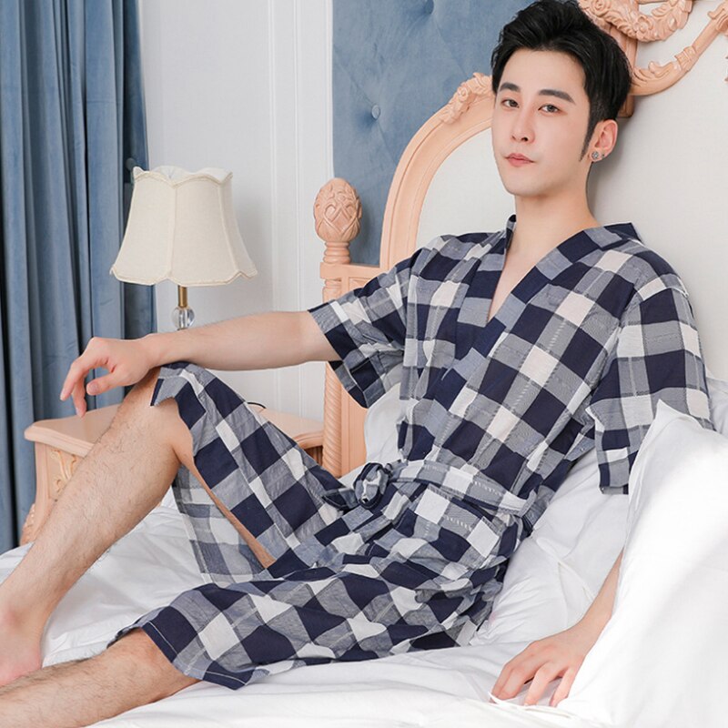 Mannelijke Badjas Japanse Mannen Nachtjapon 100% Katoen Lange Mouw Badjas Plus Size Elegante Plaid Homewear Heren Badjas Katoen