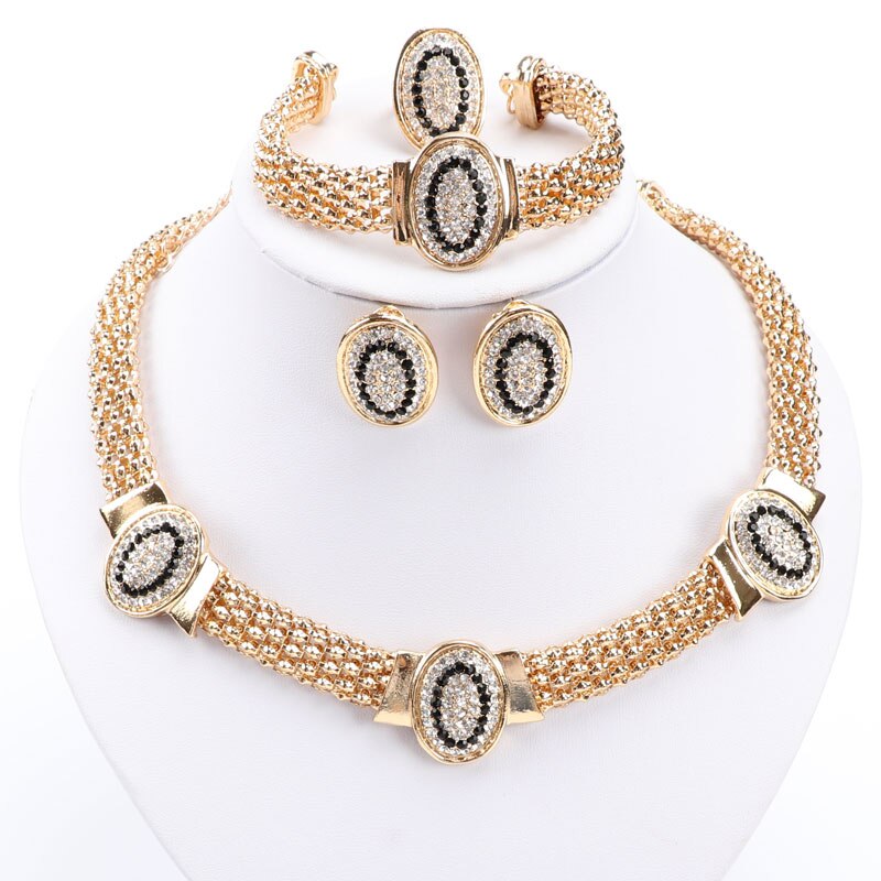 African Costume Jewelry Sets Women Gold Color Beads Rhinestone Oval Shape Necklace Set Dubai Nigerian Wedding Accessories