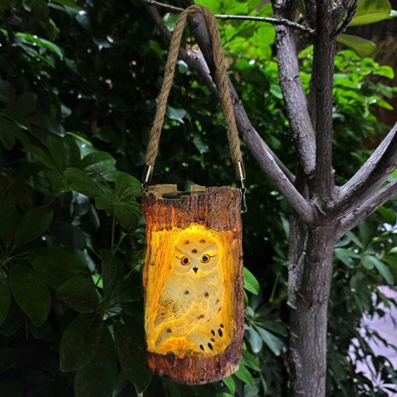 Cute Tree Stump Owl Solar Chandelier Waterproof Simulation Carving Decoration Outdoor Courtyard Garden Hanging Lamp