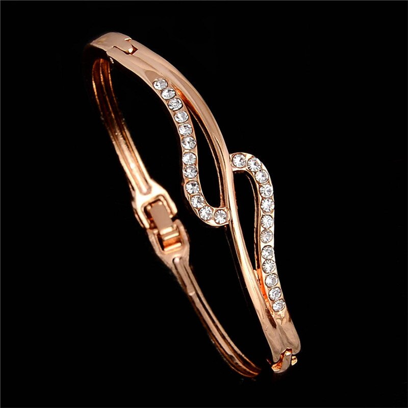 SHUANGR Elegent Hartvorm Open Bangle Voor Vrouwen Ingelegd Ronde Rhinestone Rose Goud Kleur Armband Sieraden TZ323