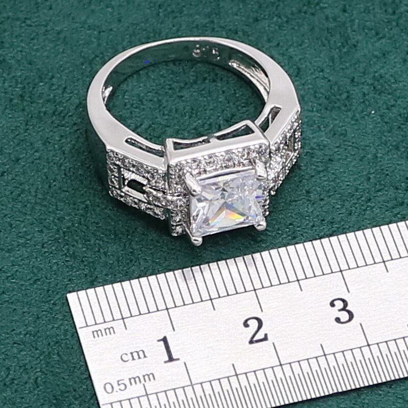 Conjunto de joias luxuosas de prata 925 com zircônia branca, bracelete para mulheres, brincos longos, colar, pingente de anel