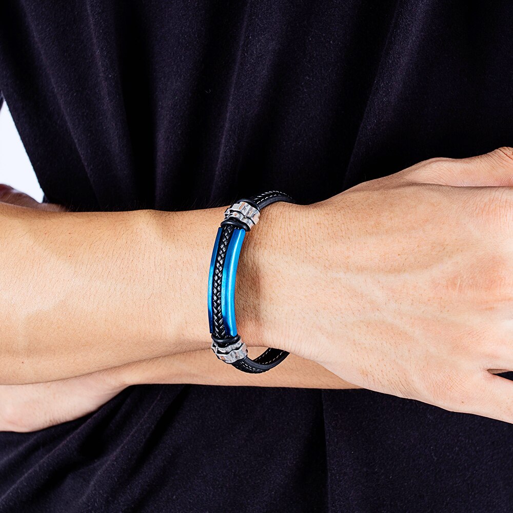 Eyeyoyo 210 Mm Eenvoudige Leer Titanium Stalen Armband Mannen Vintage Roestvrij Stalen Armband