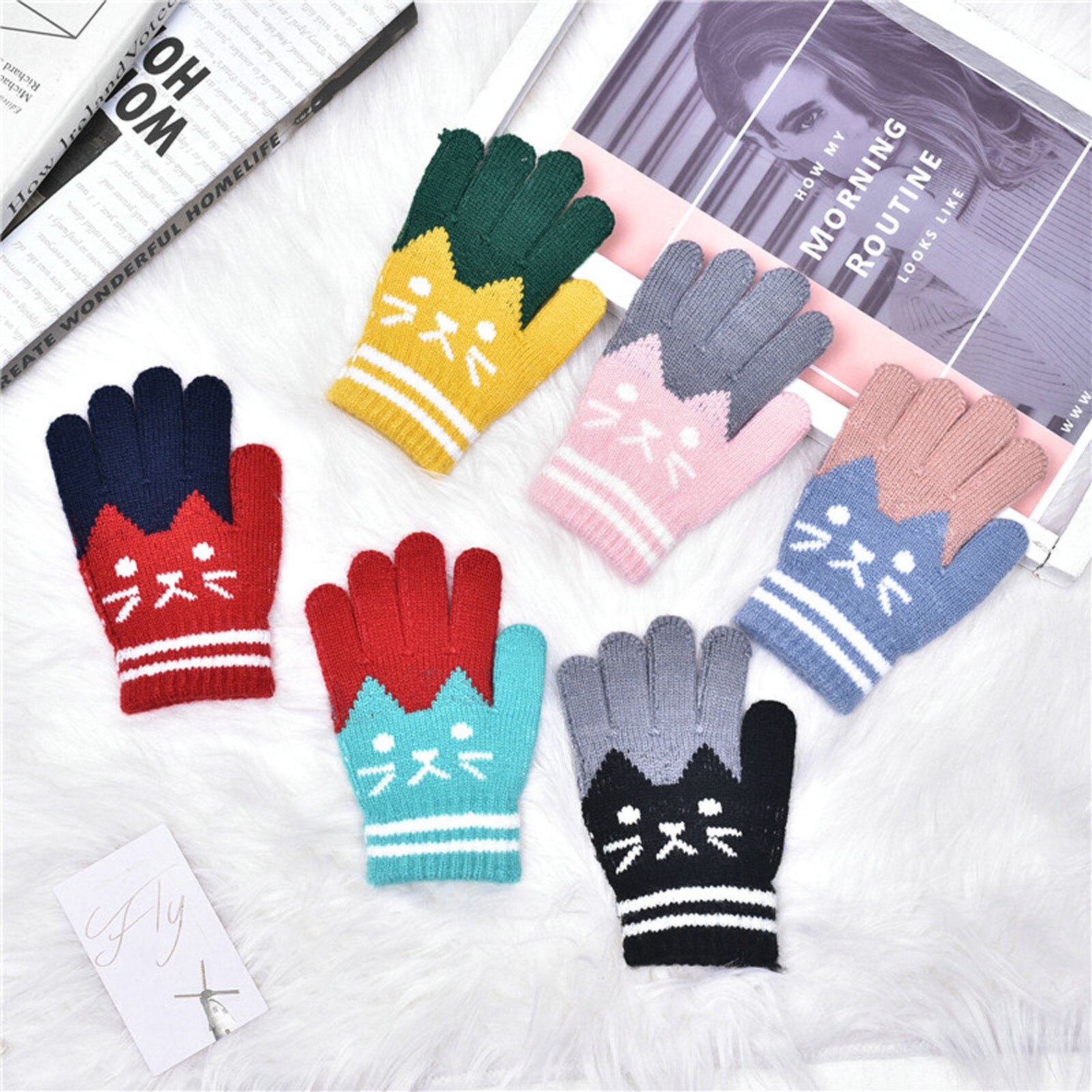 Karikatur Baby Handschuhe freundlicher Kaschmir Niedlich Katze Acquard weben Warme Gestrickte Handschuhe перчатки