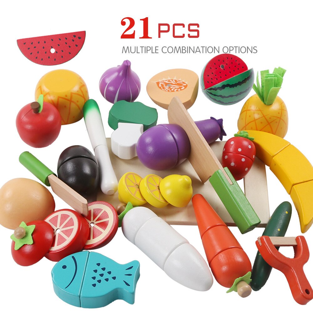 Faire semblant de jouer en bois coupe cuisine ensemble de nourriture magnétique bois légumes Fruits cuisine Kit jeux enfants anniversaire jouets: 21pcs