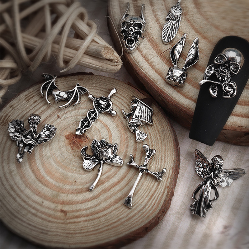 Accesorios de manicura de lujo para decoración de uñas, 10 piezas, Cruz Vintage, 3D, aleación barroca, Ángel, corazón, arte de uñas, DIY