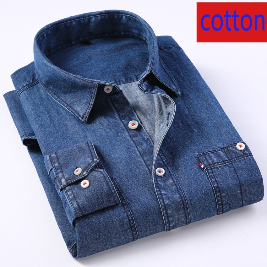 Nova moda de alta qualidade dos homens jeans camisa algodão casual lavagem areia grande casual manga comprida camisas plsu tamanho m l xl 2xl 3xl 4xl