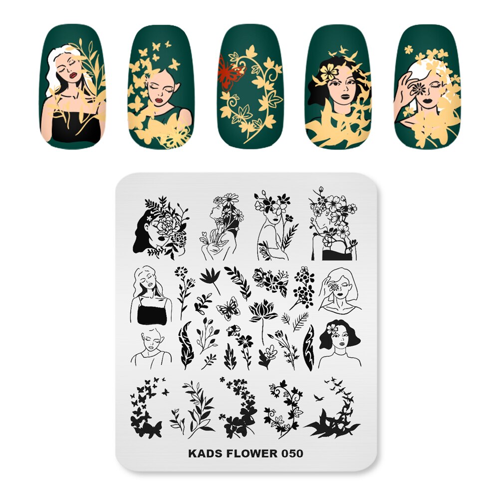 KADS Stamping Plate Flower 050 Nail Art Stamping Plates Butterflies Girls Wildflowers Template Stencil for Nail Polish