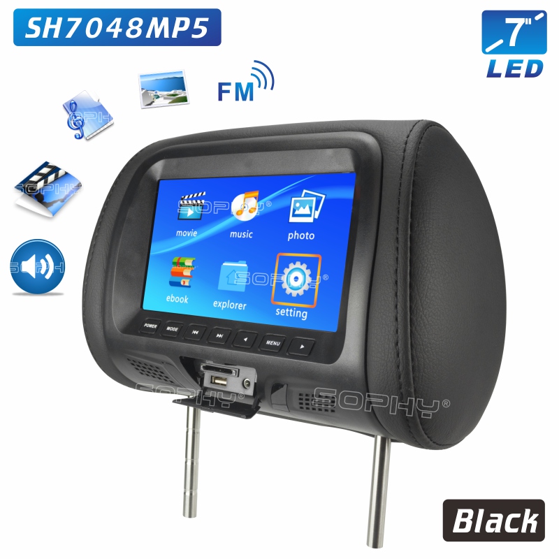 7 zoll Universal Auto Kopfstütze Monitor Automobil Hinten Sitz Unterhaltung Multimedia Video Player AV USB SD MP4 FM: SH7048-P5-Black