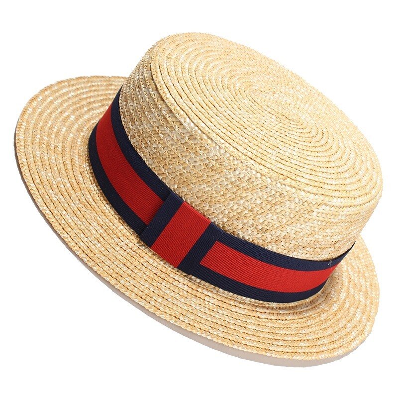 Sun Hats Natural Wheat Straw Boater Top Hat Women Summer Beach Flat Brim Cap Bowknot Ribbon for Sombreros De Sol
