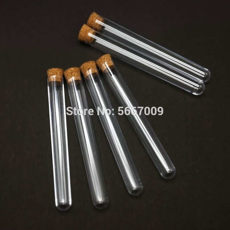 100pcs/lot 12x100mm Lab Clear Plastic Test Tubes With Corks Stoppers For Wedding Laboratory School Using