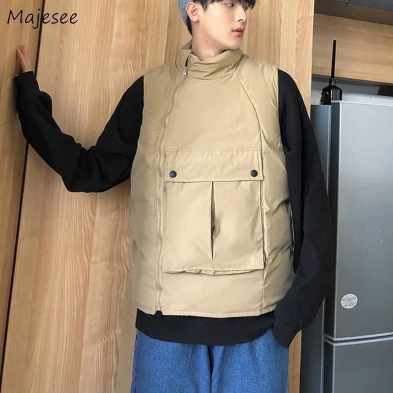Vesten Mannen Kant Ritsen Zakken Solid Chic Warm Retro Grote Maat 2XL Oversize Heren Cargo Vest Dagelijks Uitloper Ulzzang Chic