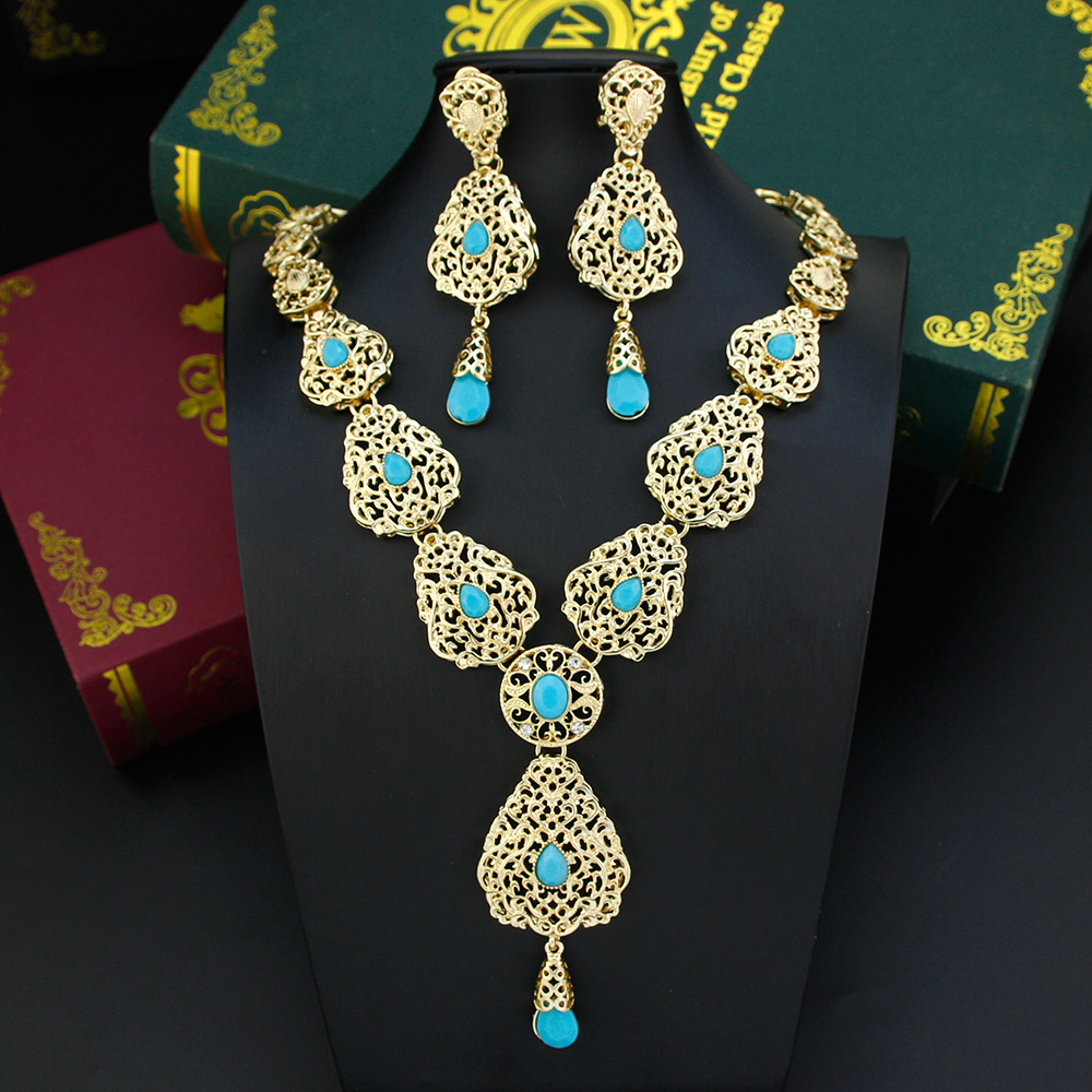Algerije Marokko Sieraden Sets Lange Oorbel Ketting Set Voor Vrouwen Holle Arabesque Hanger Ketting Goud Kleur Bruid Sieraden