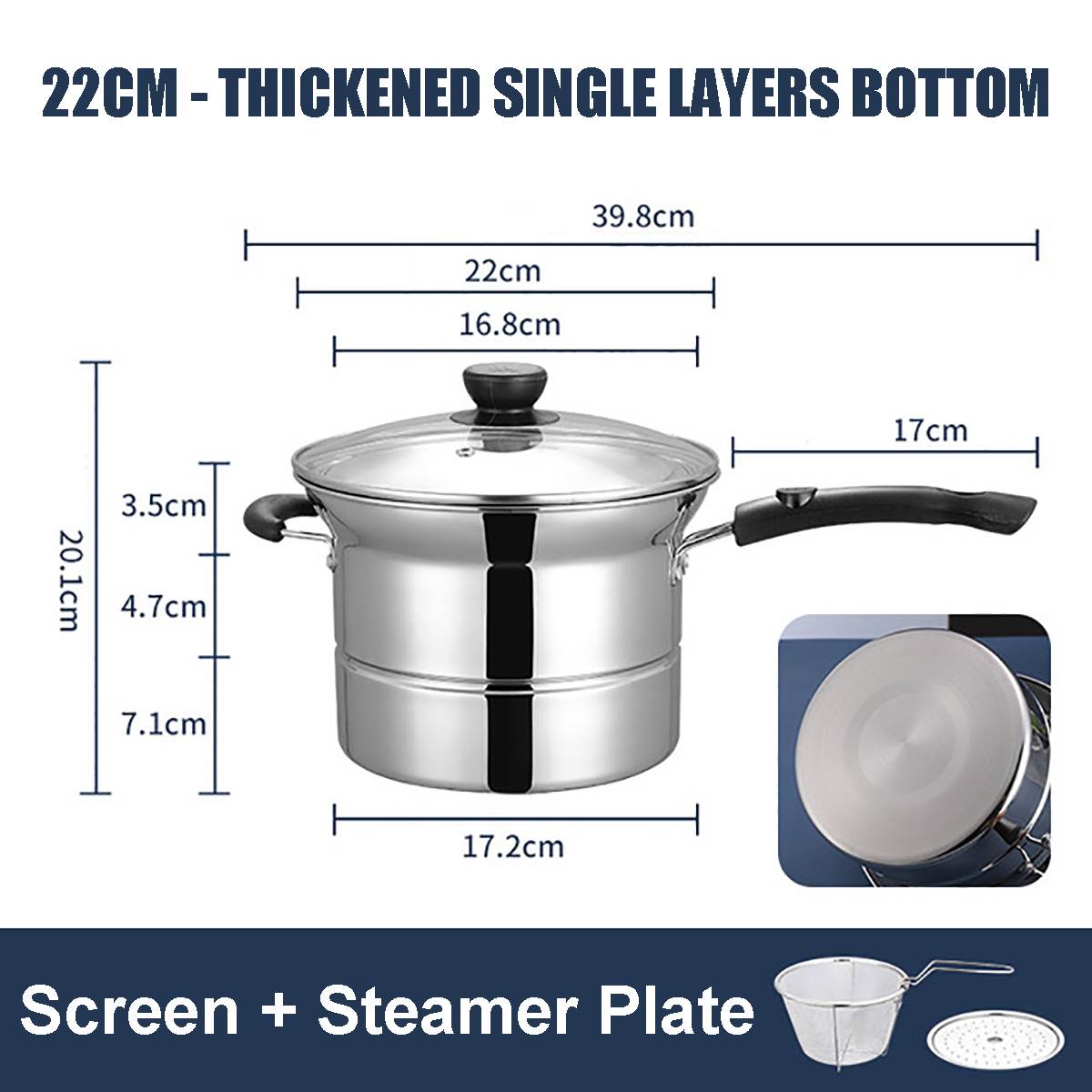 Olla para Pasta, olla para Fideos, sartén para sopa de acero inoxidable, vaporera, placa de inducción para Pasta: 1 Layer bottom