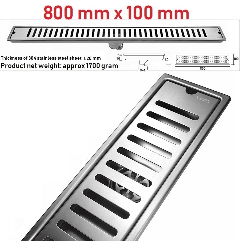 VIBORG 800mm x 100mm Deluxe 304 Rvs Extra dikke Rechthoekige Badkamer Douche Linear Afvoerputje Drainage stainer