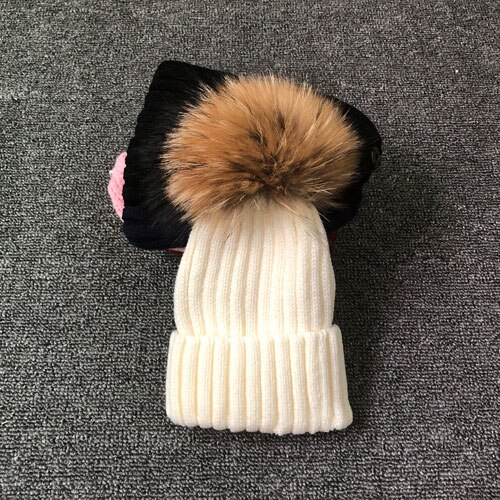 Vinter efterår piger drenge pels pom pom huer hatte bomuld hue hue til baby dejlige strikhuer med pels pompon hatte børn: Hvid / Til voksen størrelse 53-62