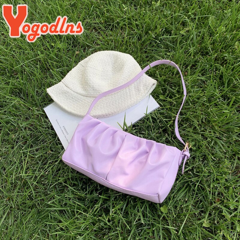 Yogodlns Summer Shoulder Bag Women Leisure PU Leather Baguette Bag Pleated Cloud Bag Female Small Handbag Phone Purse