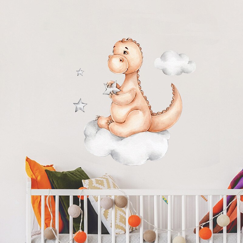 Cartoon Dinosaur Sit Clouds Wall Sticker Baby Kids Room Bedroom Background Wallpaper Art Decals Home Decoration Cute Stickers