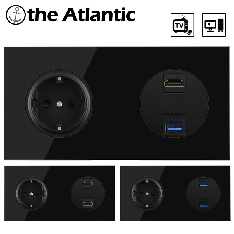 Eu de stik stikkontakt hdmi usb 3.0 data jack dataoverførsel port vægstik til computer pc tv tv sort glasramme