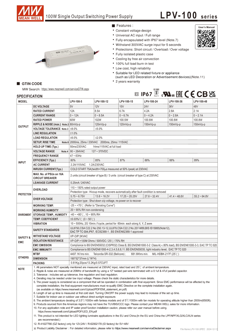 Gemiddelde Goed Led Driver LPV-100 5V 12V 15V 24V 36V 48V Dc 100W Waterdicht Ip67 Led Light Bar Transformator Schakelende Voeding