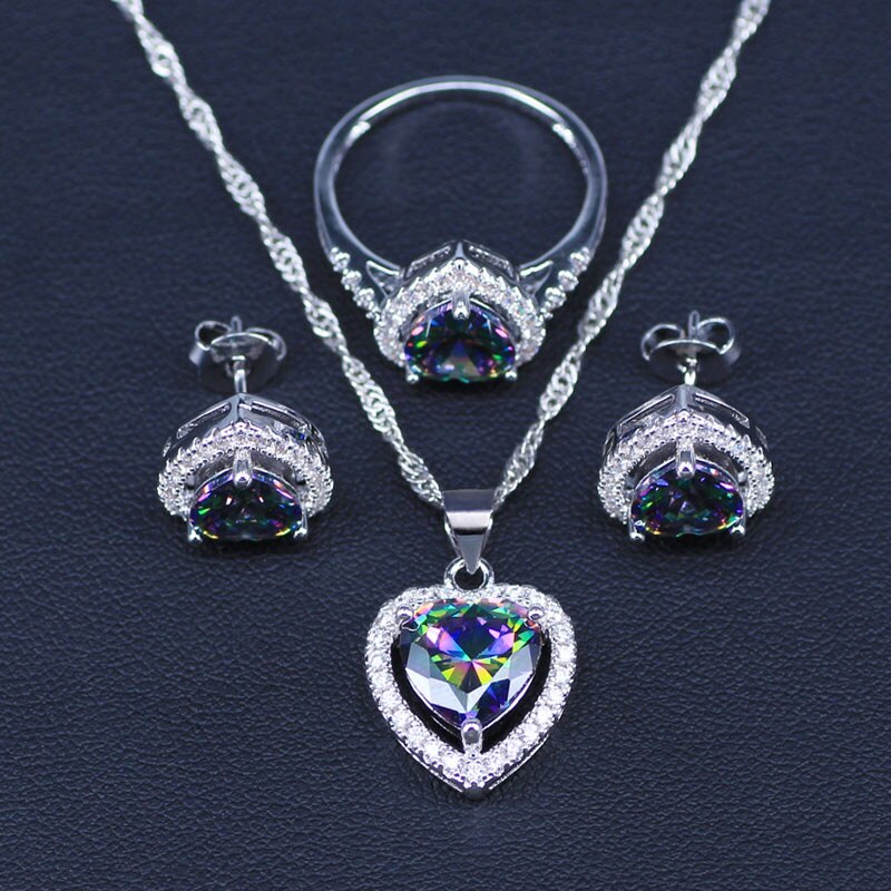Heart Silver Color Jewelry Set Rainbow Zircon White CZ Jewelry Sets For Women Wedding Necklace/Earrings/Pendant/Ring: 8