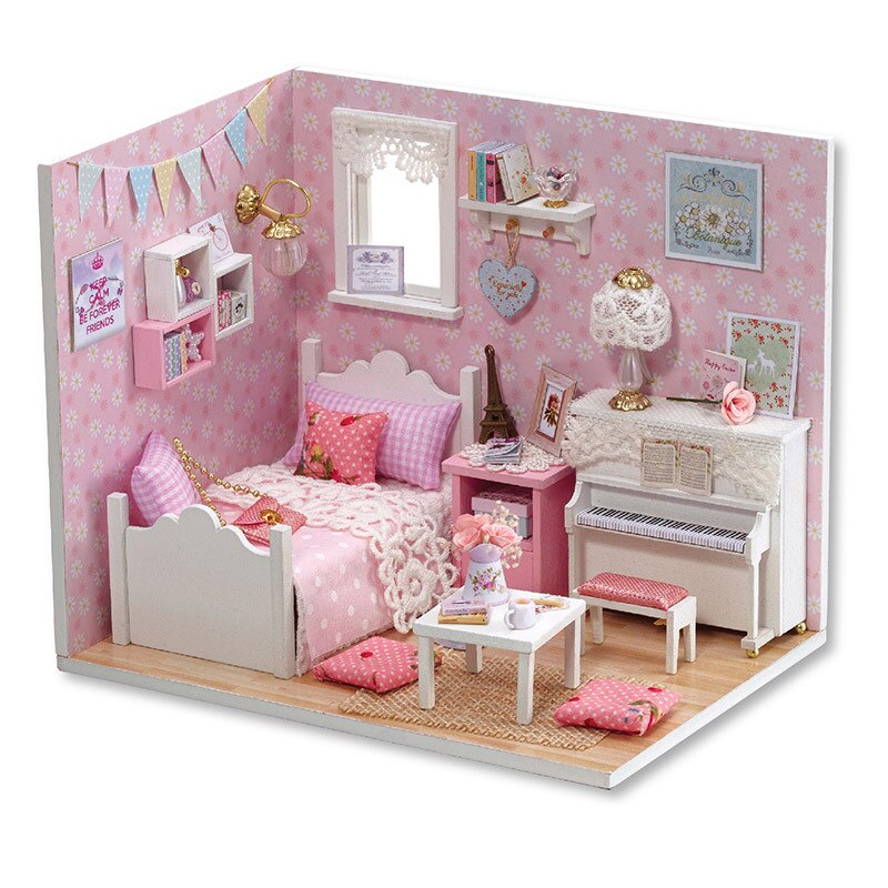 Diy Houten Miniatuur Poppenhuis roze cuye kamer Meubels Speelgoed Miniatura Building Model Meubels Model Voor kind Speelgoed H015