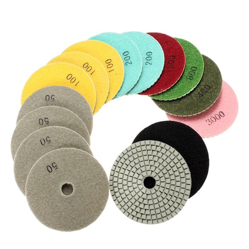 15Pc 4 Inch Diamond Polishing Pads Wet/Dry Set Kit Granite Stone Polishing Pads with Backing Pad Backer: Default Title