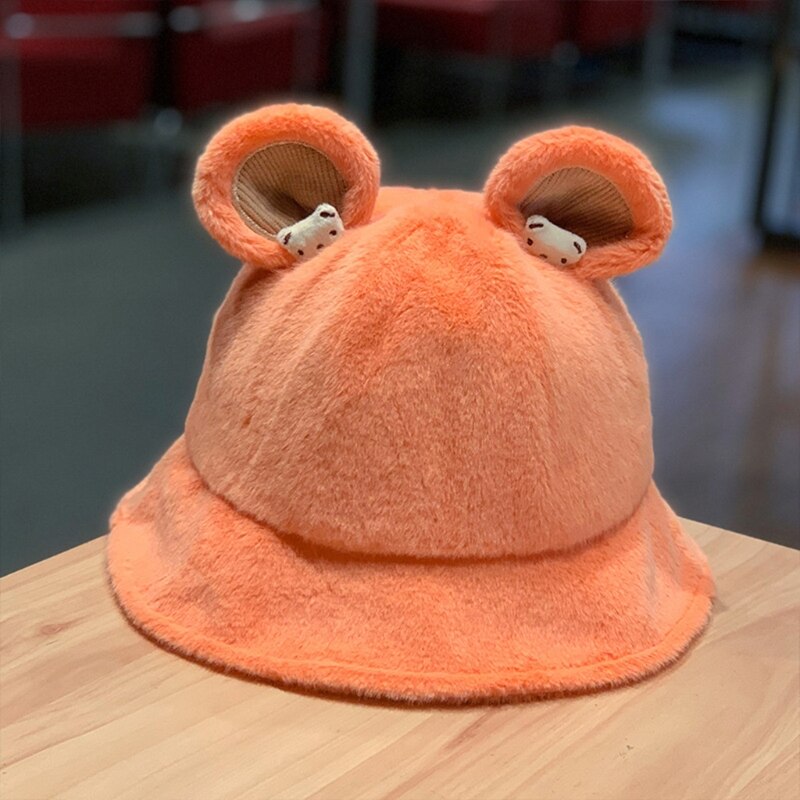 Lovely Fisherman Hat Cute Bear Ear Basin Cap Leisure Soft Sister Solid Color Bucket Cap Outdoor Activities Skiing Hiking