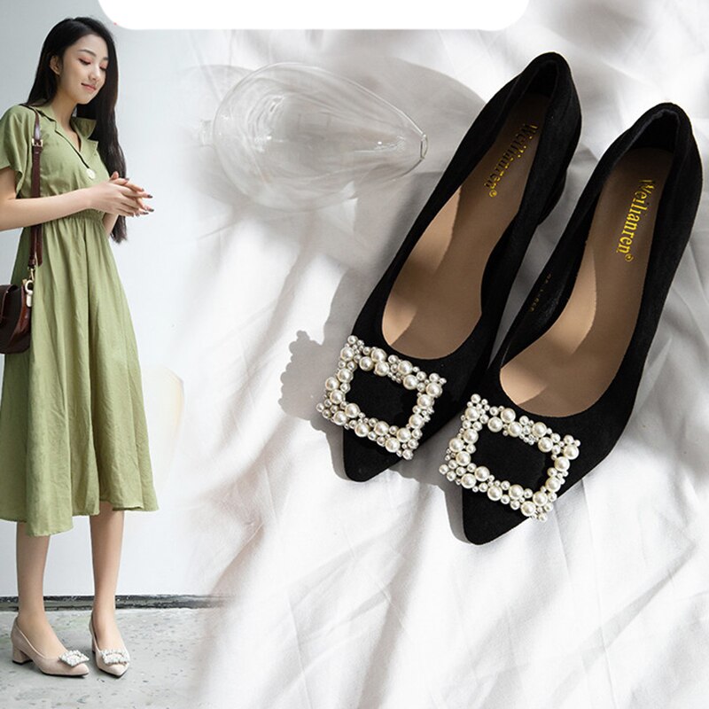 String perle boucle femme pompes grande taille 34-43 bout pointu perle troupeau mary janes gros med-talons hauts chaussures femmes mujer pisos