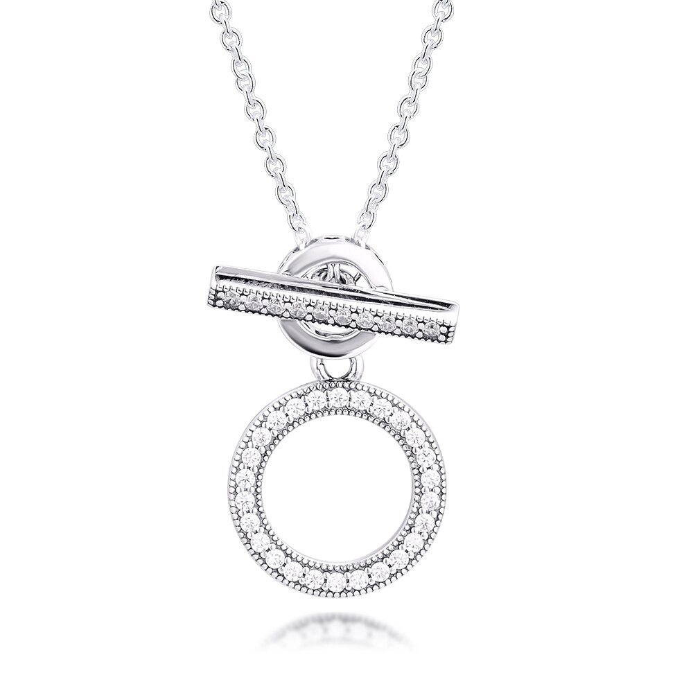 925 Sterling Silver Double Hoop T-bar Necklace Clear CZ Chain Pendant Necklaces for Women Fine Jewelry collier