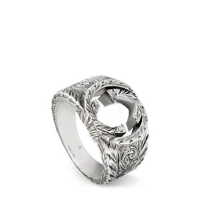 Glamour Original Logo Couple Rings,S925 Pure Silver 1:1 GC Retro Wide Pattern Carved G Ring Classic Laides Men Jewelry