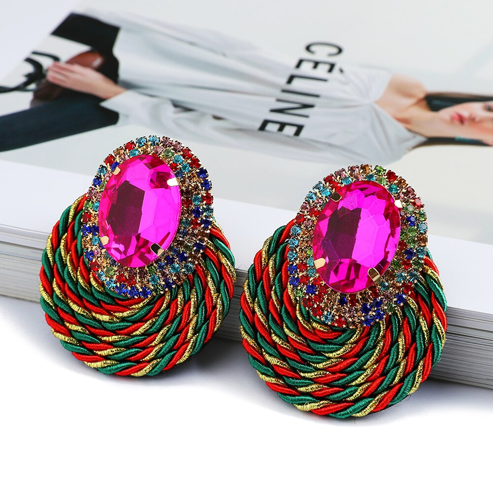 Ethnic Style Cotton Cord Weave Round Ear Accessories Vintage Sparkly Crystal Dangle Earrings For Women Luxury Jewelry