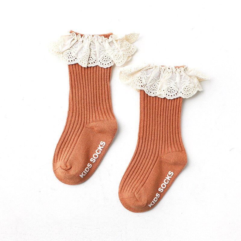 Baby lange sokker til piger varme sokker udbenet dobbeltnål baby blonder blonder piger høje baby sokker skridsikre strømper børn: Rød / S 0-1 år